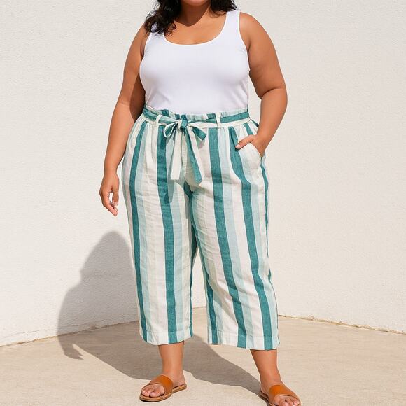 J.Crew 100% Linen Striped Wide Leg Crop Pants Women’s 14 Teal White - Picture 1 of 8